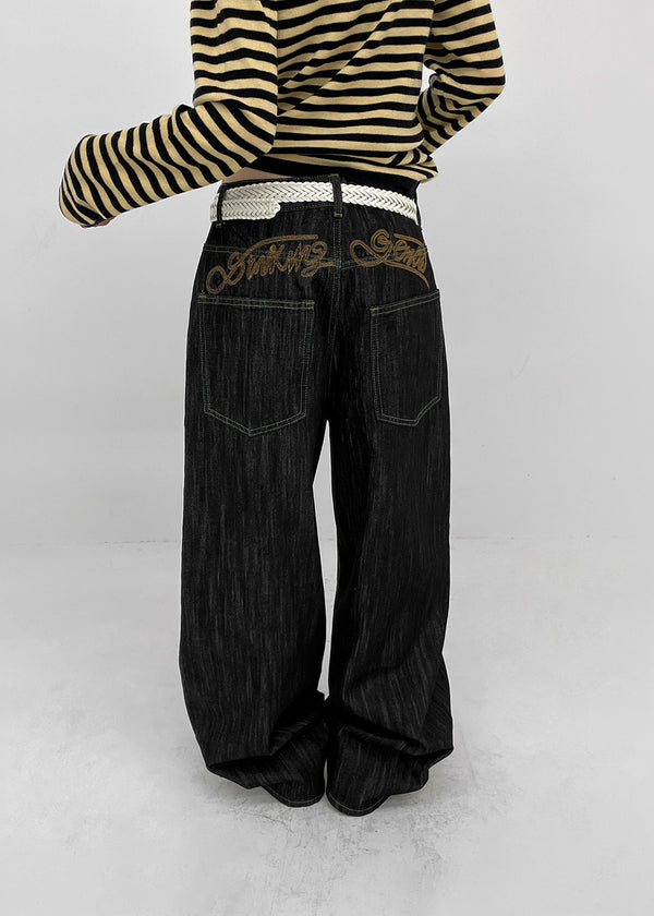 Rie Lettering Wide Raw Denim Pants
