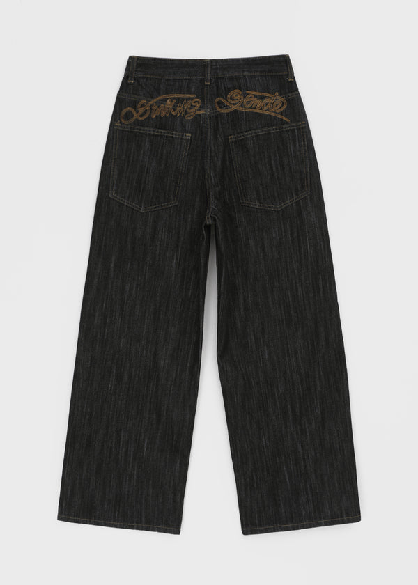 Rie Lettering Wide Raw Denim Pants