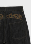 Rie Lettering Wide Raw Denim Pants