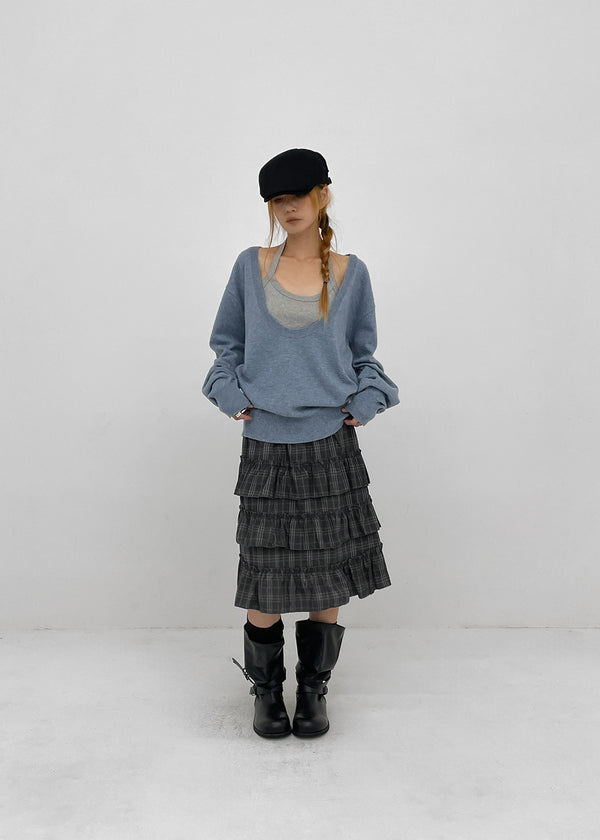 Noere check tiered midi skirt
