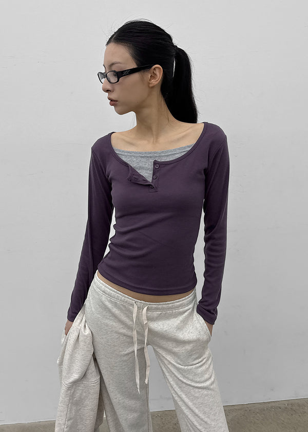 Anvil Layered Henley Neck Long Sleeve Tee