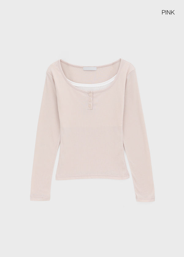 Anvil Layered Henley Neck Long Sleeve Tee