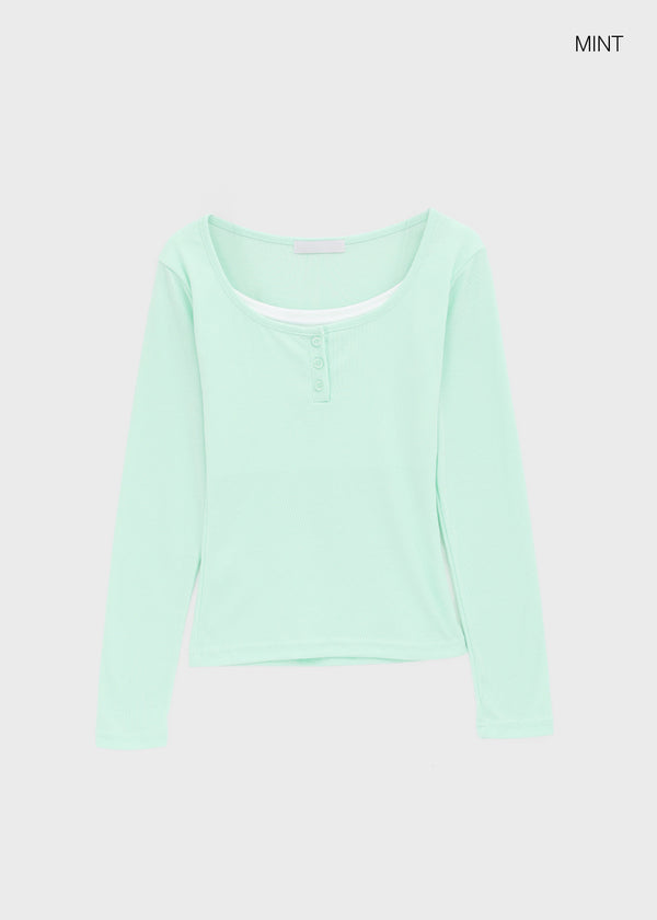 Anvil Layered Henley Neck Long Sleeve Tee