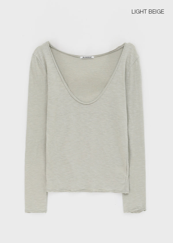 [MADE] Coated Slub Deep U-Neck Long Sleeve Tee