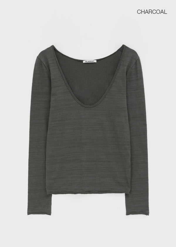 [MADE] Coated Slub Deep U-Neck Long Sleeve Tee