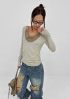 [MADE] Coated Slub Deep U-Neck Long Sleeve Tee