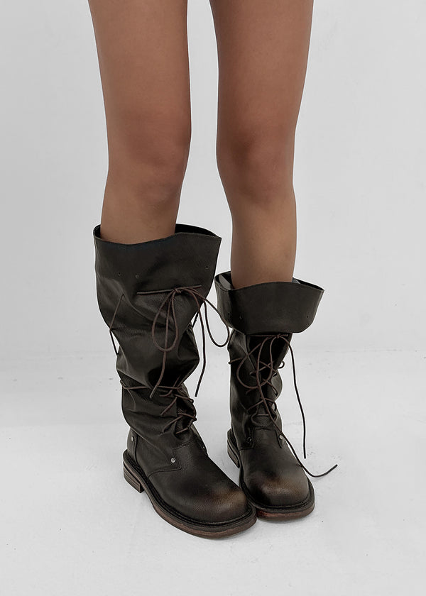 Cow folding lace-up mid-calf boots