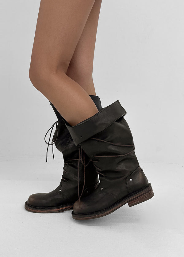 Cow folding lace-up mid-calf boots