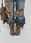 Cow folding lace-up mid-calf boots