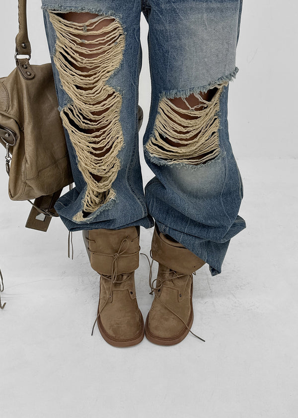 Cow folding lace-up mid-calf boots