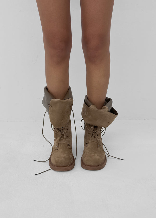 Cow folding lace-up mid-calf boots