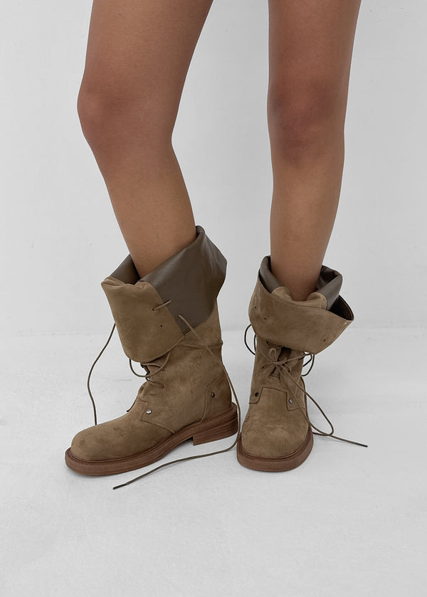 Cow folding lace-up mid-calf boots