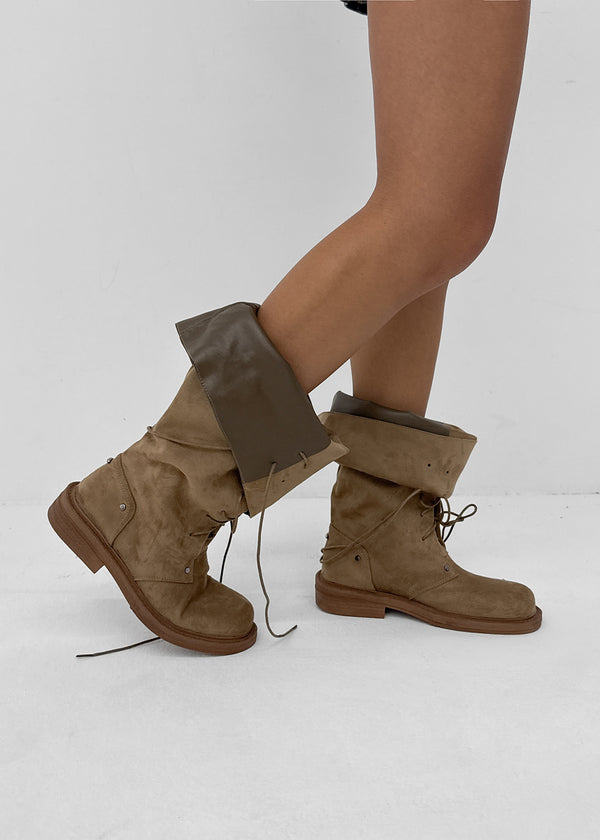 Cow folding lace-up mid-calf boots