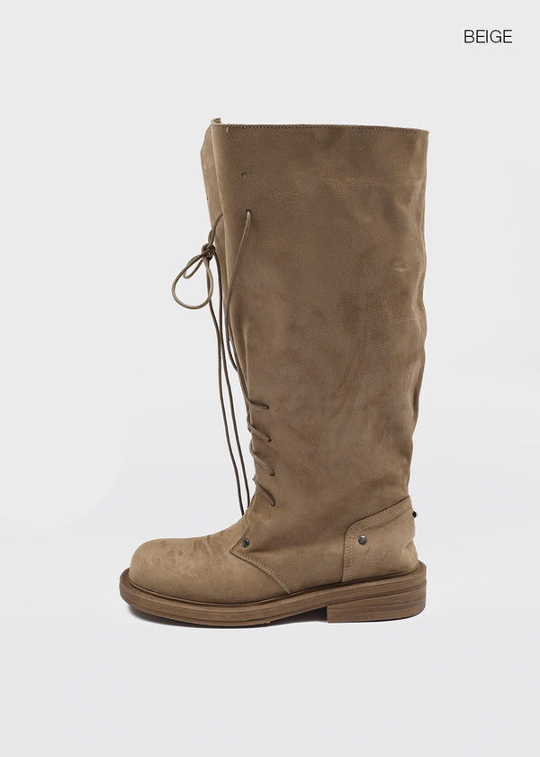 Cow folding lace-up mid-calf boots