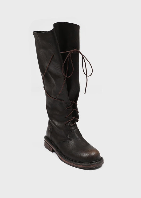 Cow folding lace-up mid-calf boots