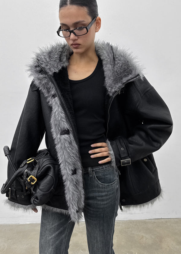 [MADE] Shonikle Leather Fur-Trimmed Half Coat