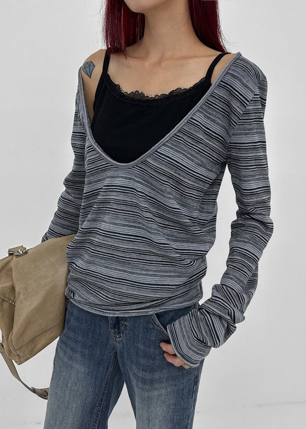 [MADE] Polish Stripe Deep U-Neck Long Sleeve Tee