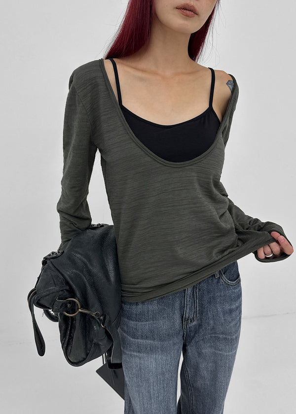 [MADE] Coated Slub Deep U-Neck Long Sleeve Tee