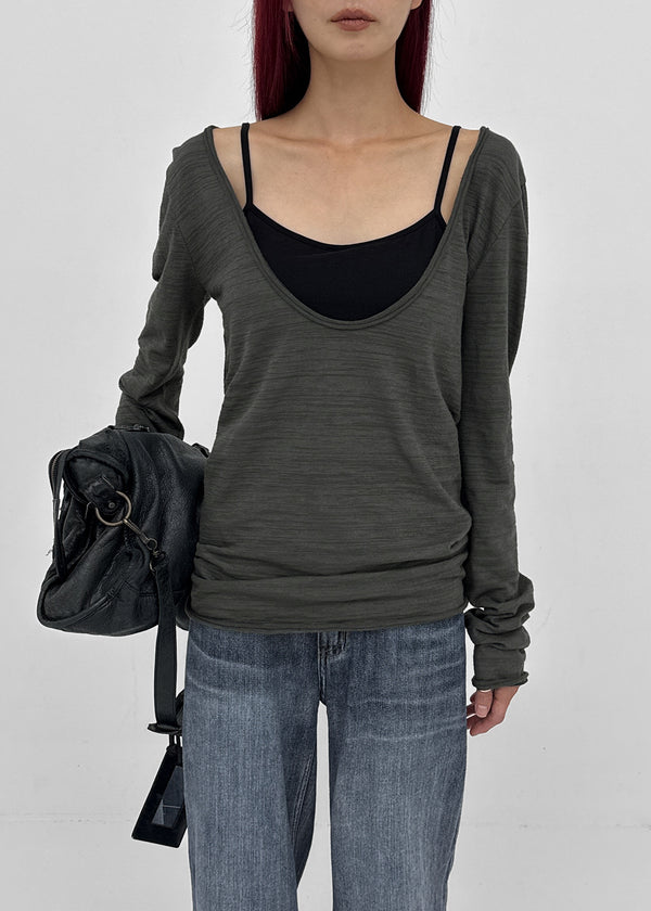 [MADE] Coated Slub Deep U-Neck Long Sleeve Tee