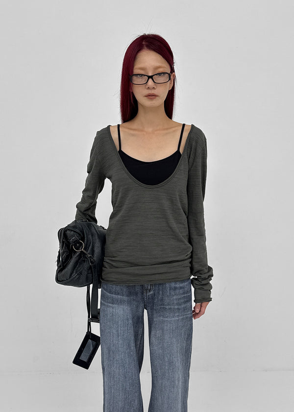 [MADE] Coated Slub Deep U-Neck Long Sleeve Tee
