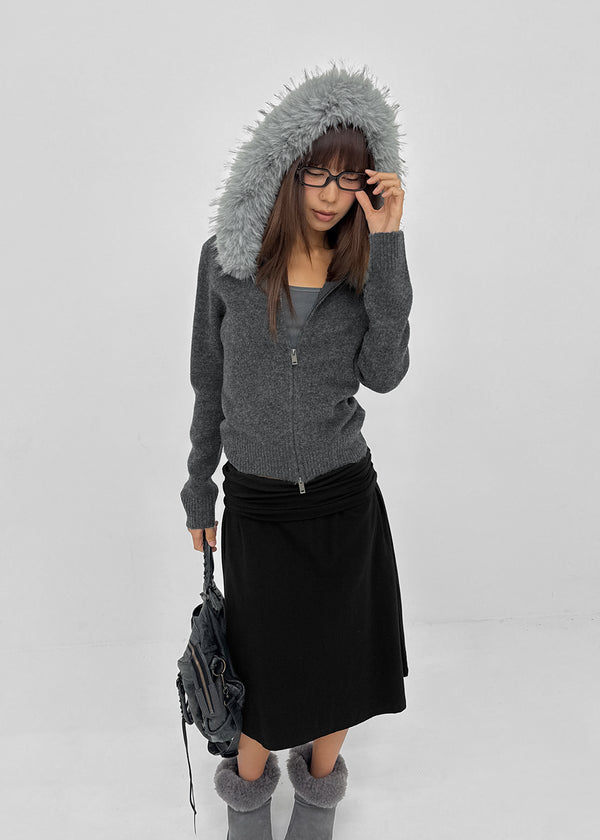 [MADE] Furicle Fur-Trimmed Knit Zip-Up Hoodie