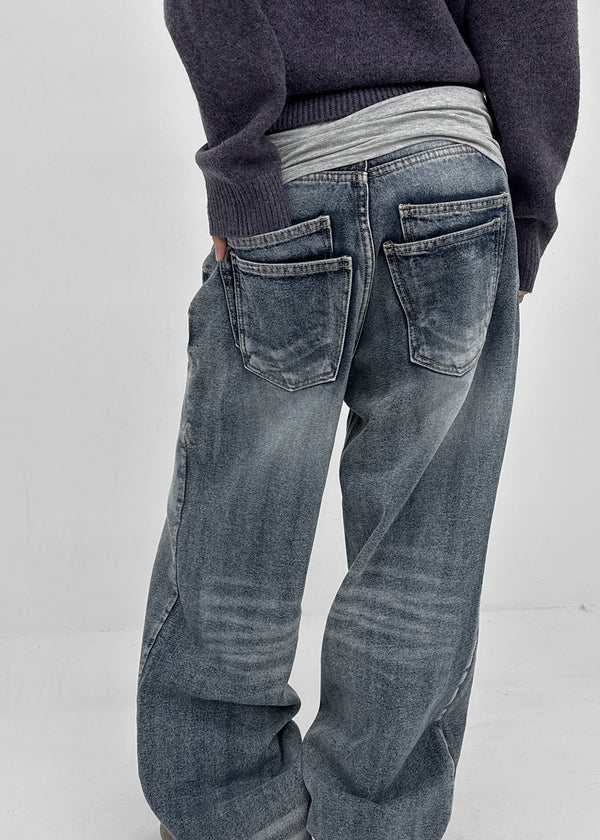 (UNISEX) Pichel Double Back Pocket Wide Denim Pants