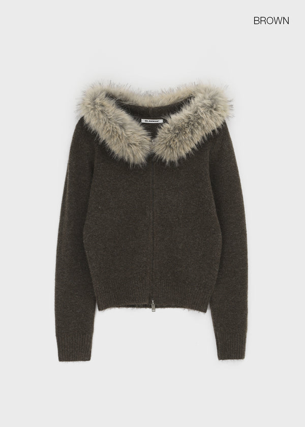 [MADE] Furicle Fur-Trimmed Knit Zip-Up Hoodie