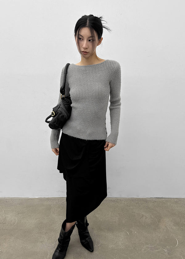 [MADE] Moeli Hairy Ribbed Button Boat Neck Knit