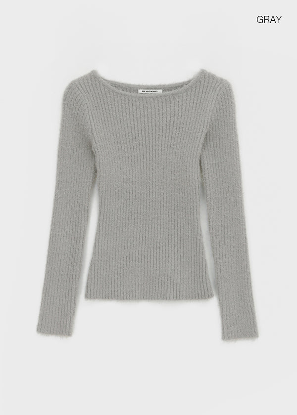 [MADE] Moeli Hairy Ribbed Button Boat Neck Knit