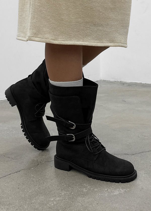 Hermit Buckle Lace-up Mid-calf Boots