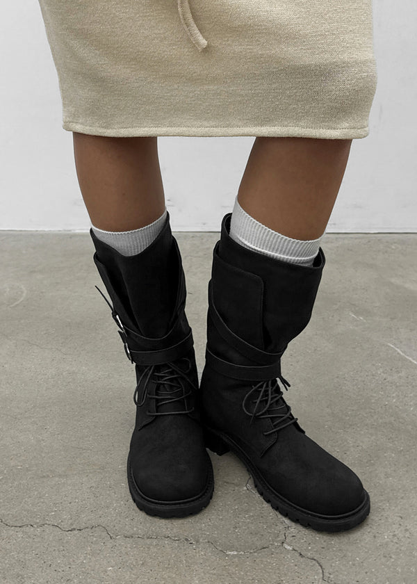 Hermit Buckle Lace-up Mid-calf Boots