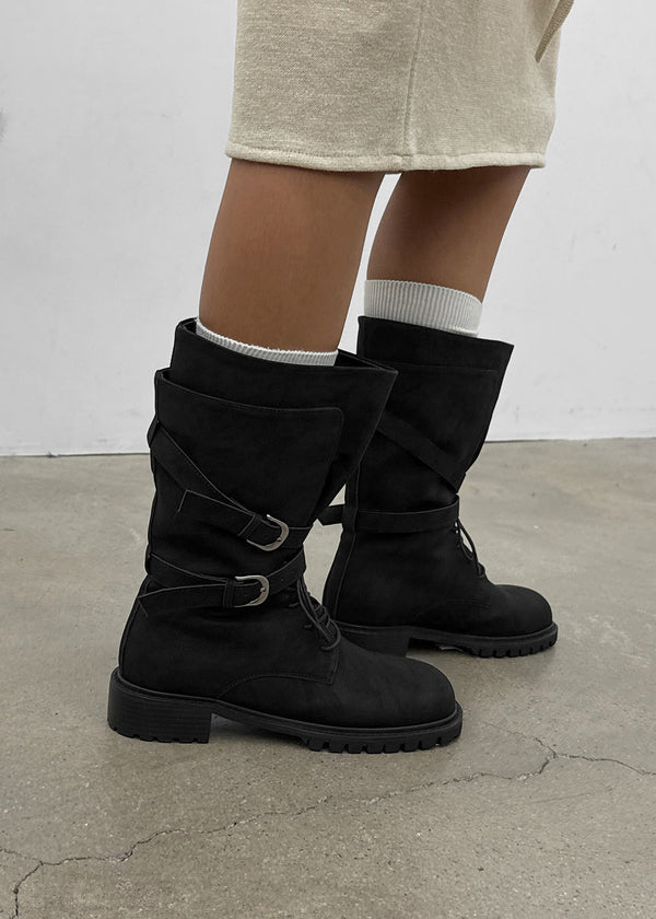 Hermit Buckle Lace-up Mid-calf Boots