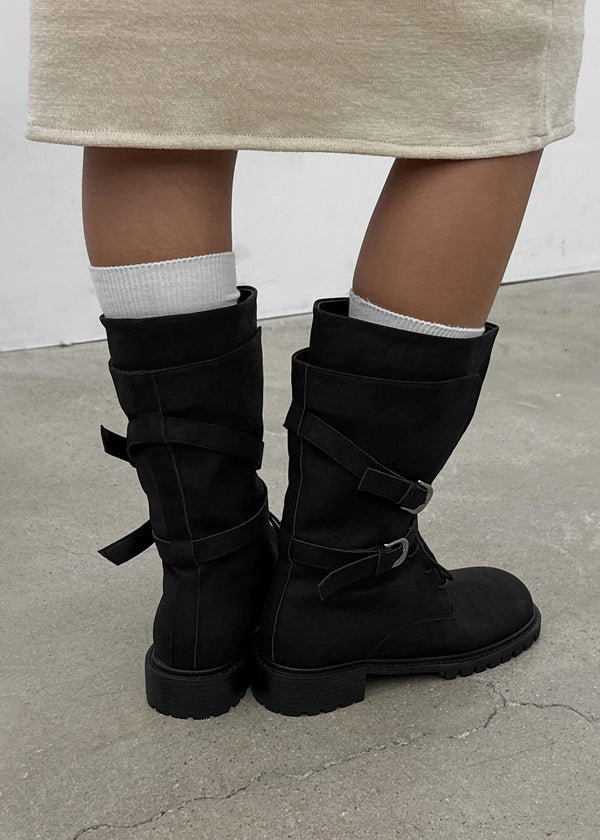 Hermit Buckle Lace-up Mid-calf Boots