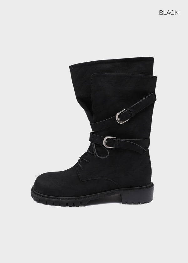 Hermit Buckle Lace-up Mid-calf Boots