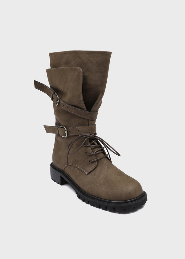 Hermit Buckle Lace-up Mid-calf Boots