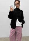 Double-button high-neck wool knit cardigan