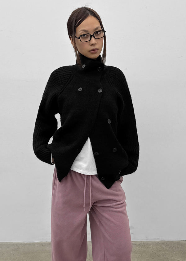 Double-button high-neck wool knit cardigan