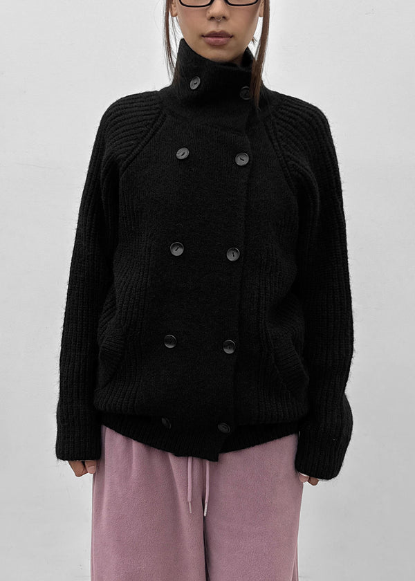 Double-button high-neck wool knit cardigan