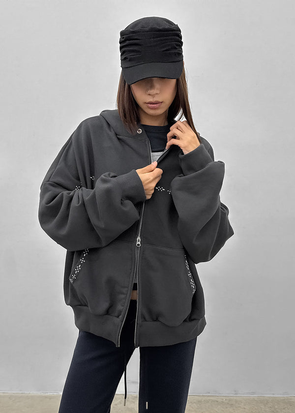 (UNISEX) Fahrenheit Studded Two-Way Zip-Up Hoodie