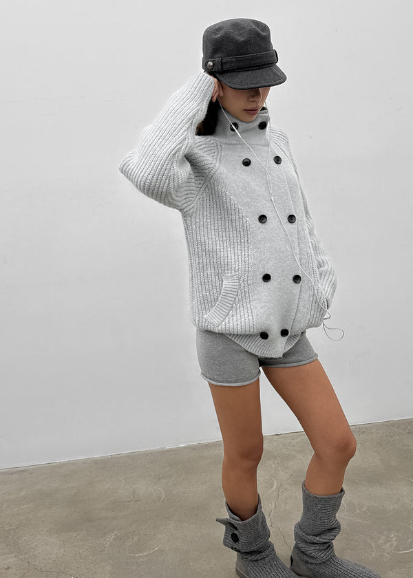 Double-button high-neck wool knit cardigan