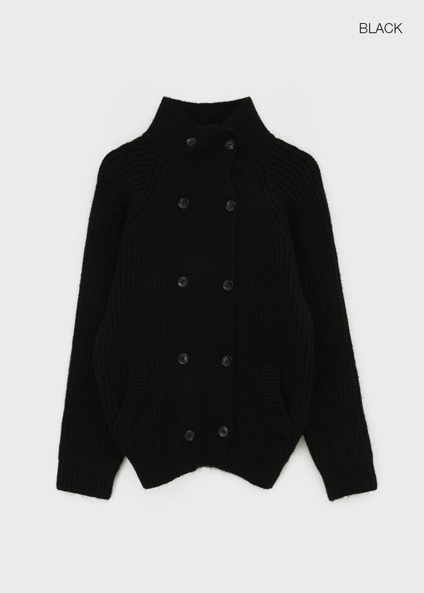 Double-button high-neck wool knit cardigan
