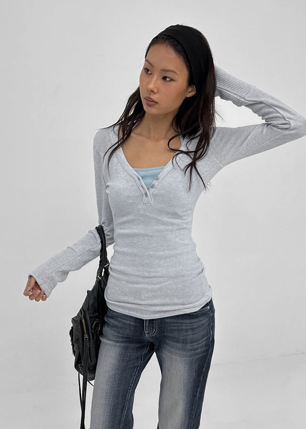 Aesra V-neck Button-down Wool Long-sleeved T-shirt