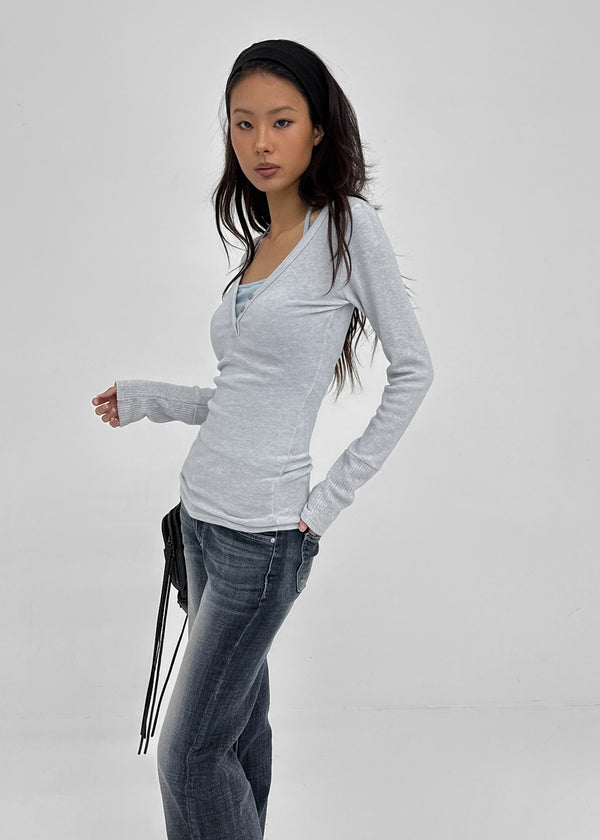 Aesra V-neck Button-down Wool Long-sleeved T-shirt