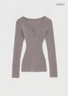 Aesra V-neck Button-down Wool Long-sleeved T-shirt