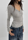 Aesra V-neck Button-down Wool Long-sleeved T-shirt