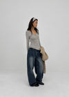 Aesra V-neck Button-down Wool Long-sleeved T-shirt
