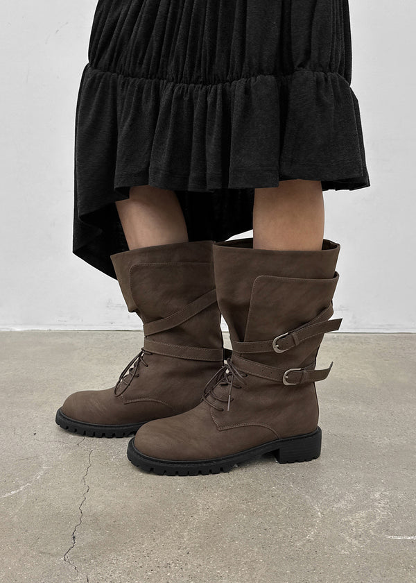 Hermit Buckle Lace-up Mid-calf Boots