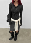 Idney Deep Collar Long Sleeve Tee (50% Wool)