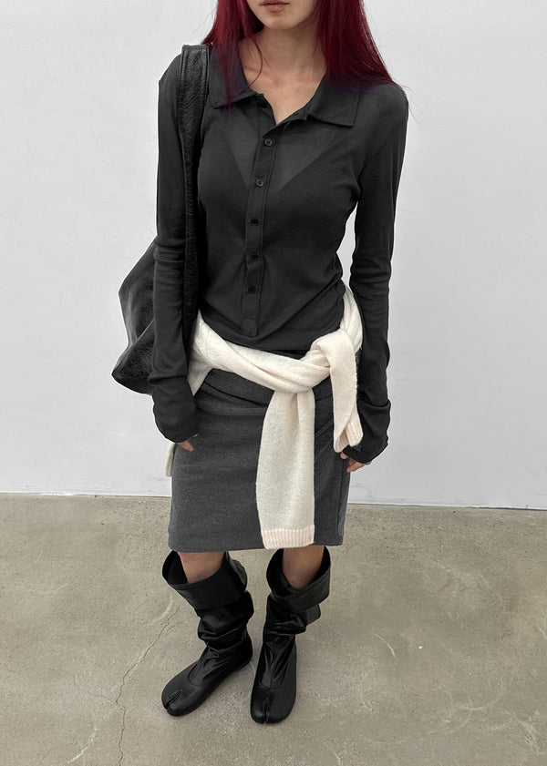 Idney Deep Collar Long Sleeve Tee (50% Wool)