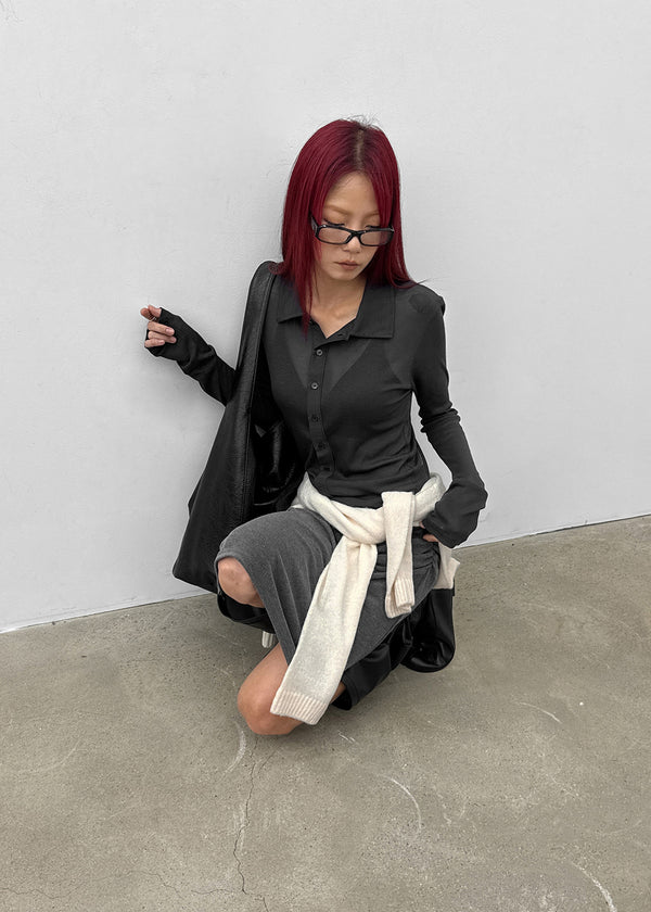 Idney Deep Collar Long Sleeve Tee (50% Wool)